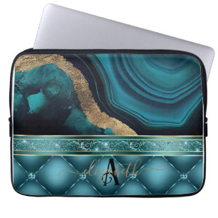 Gouden Glitter Blauwgroen Agaat Marmeren Diamanten Laptop Sleeve