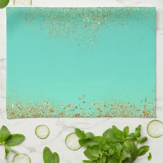 Gouden Glitter & Blauwgroen Aqua Modern Girly Tren Theedoek (Gevouwen)