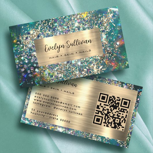 Gouden glitter blauwgroen opaal visitekaartje