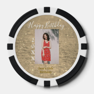 Gouden glitter blij 15e verjaardag foto naam jaar poker chips