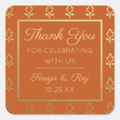 Gouden Glitter Bloem Bruiloft Retour Gift Favor Vierkante Sticker (Voorkant)