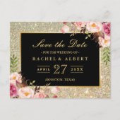 Gouden Glitter Bloemen Bruiloft Save the Date Aankondigingskaart (Voorkant)