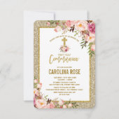 Gouden Glitter Blush Bloemen Heilige Communie Baby Kaart (Voorkant)
