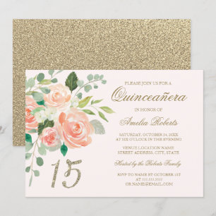 Gouden glitter blush perzik bloemige Quinceanera Kaart