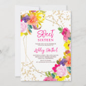 Gouden glitter boho vet bloemen foto Sweet 16 Kaart (Voorkant)