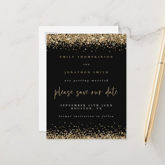 Gouden Glitter Borders Zwart Bruiloft Save The Dat Aankondigingskaart (Voorkant / Achterkant in situ)