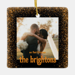 Gouden Glitter Bruiloft Paar Foto Keramisch Ornament