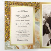 Gouden Glitter Bruin Marmeren Fotobruiloft Drieluik Uitnodiging (Binnenzijde eerst)