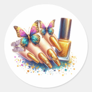 Gouden Glitter Butterfly Nails Ronde Sticker