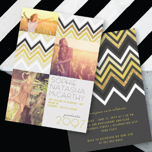 Gouden Glitter Chic Chevron Strepen Afstudeerfeest Kaart