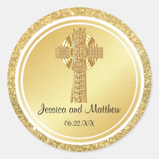 Gouden Glitter Christelijke Bruiloft Sticker met C (Voorkant)
