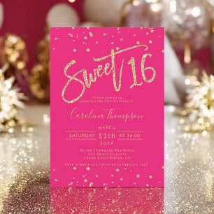 Gouden glitter confetti neon roze Sweet 16 foto Kaart