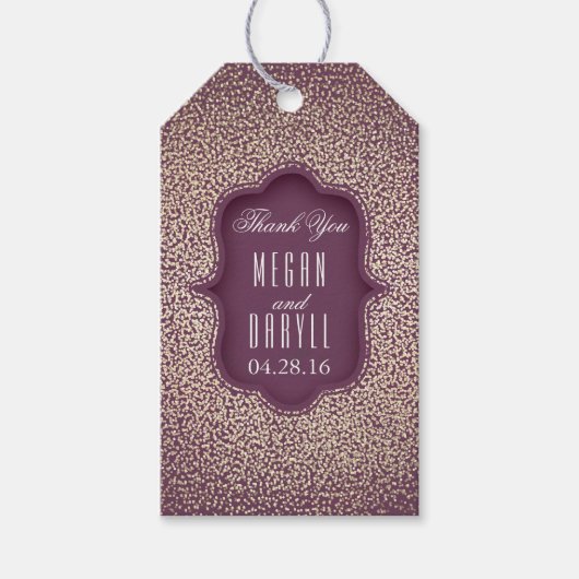 Gouden Glitter Confetti  Plum Bruiloft Cadeaulabel (Voorkant)