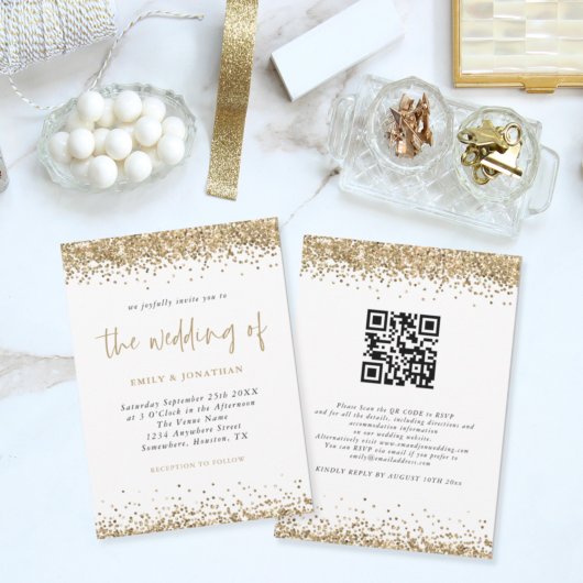 Gouden Glitter Confetti QR Code Script Trouwdag Kaart