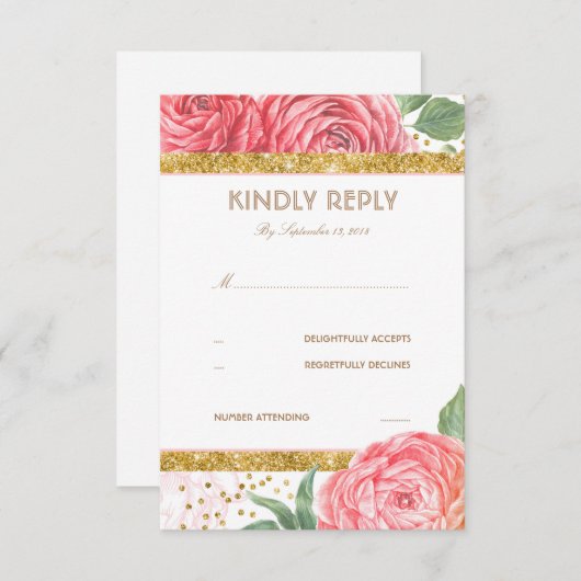 Gouden Glitter Confetti Roze Bloemen Huwelijk RSVP (Voorkant / Achterkant)
