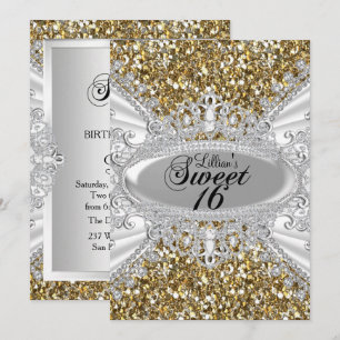 Gouden Glitter Diamanten Tiara Sweet 16 Uitnodigin Kaart