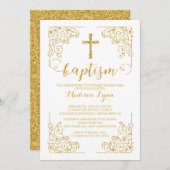 Gouden Glitter Doopsel Kruis Uitnodiging (Voorkant / Achterkant)