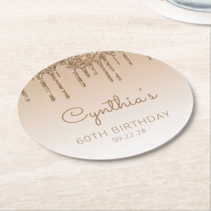 Gouden Glitter Drip 60e Verjaardagsfeestje Ronde Kartonnen Onderzetter