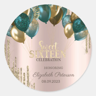 Gouden Glitter Drips Ballonnen Roze Goud Sweet 16 Ronde Sticker