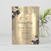 Gouden Glitter Drips Zwart Rozen 65e Verjaardag Kaart (Staand voorkant)