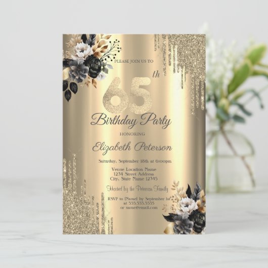 Gouden Glitter Drips Zwart Rozen 65e Verjaardag Kaart (Staand voorkant)
