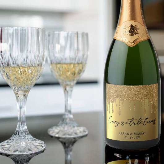 Gouden Glitter Druipende Trouw Sparkling Wijnetiket