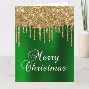 Gouden Glitter Druppels Groen Folie Prettig Kerstf Kaart