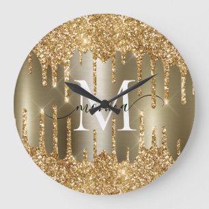 Gouden Glitter Druppels Monogram Gepersonaliseerd Grote Klok