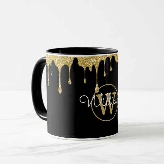 Gouden Glitter Druppels Monogram Script Zwart Mok (Voorkant links)