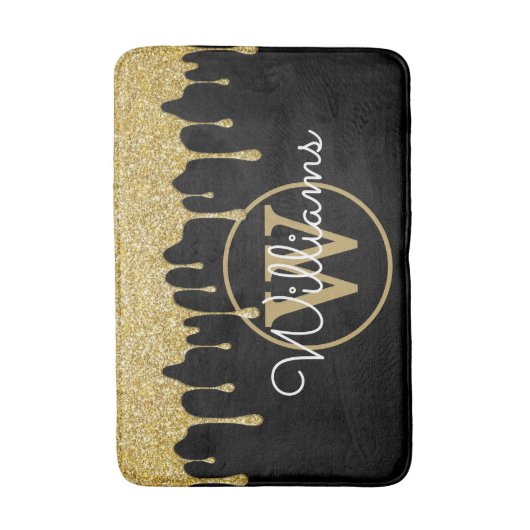 Gouden Glitter Druppels Monogram Stijlvol Schrift Badmat (Voorkant Verticaal)