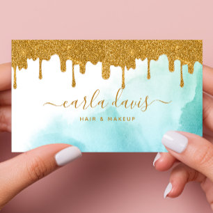 Gouden Glitter Druppels Turquoise Waterverf Make-u Visitekaartje