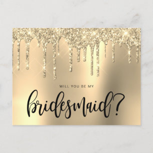 Gouden glitter druppels zal je mijn bruidsmeisje z uitnodiging briefkaart