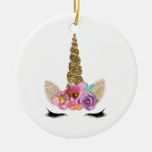 Gouden Glitter Eenhoorn Bloemen Gepersonaliseerd Keramisch Ornament (Voorkant)
