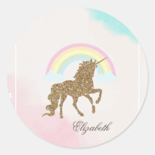 Gouden Glitter Eenhoorn, Regenboog Ronde Sticker