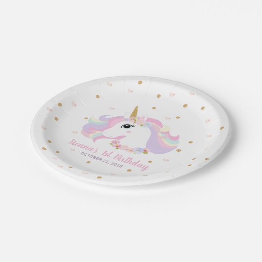 Gouden Glitter Eenhoorn Verjaardagsfeestje Papier Papieren Bordje (Gekanteld)