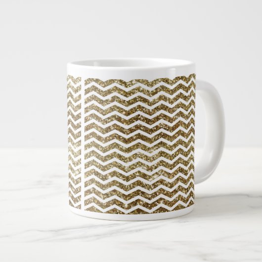Gouden Glitter Effect Elegante Chevron Zig-Zag Jumbo Mok (Voorkant rechts)