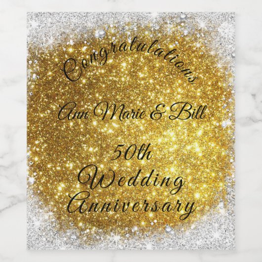Gouden Glitter Elegante 50e Trouwdag Wijn Etiket (Enkel label)