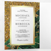 Gouden Glitter Emerald Groen Marmer Foto Bruiloft Drieluik Uitnodiging (Binnenzijde eerst)