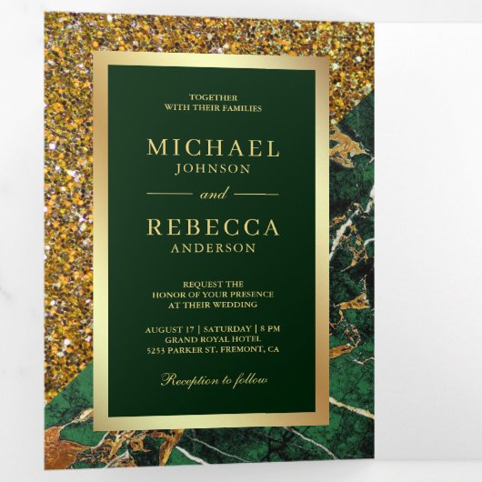 Gouden Glitter Emerald Groen Marmer Foto Bruiloft Drieluik Uitnodiging (Binnenzijde eerst)