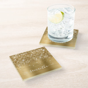 Gouden Glitter en Folie Meisjesachtige Handtekenin Glazen Onderzetter