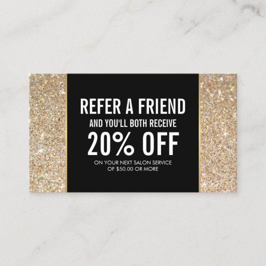 Gouden Glitter en Glamour Beauty Referral Kaart (Voorkant)