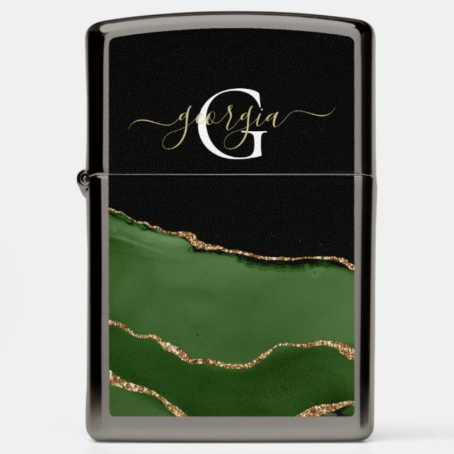 Gouden Glitter en Groene Agaat Monogram (Front)