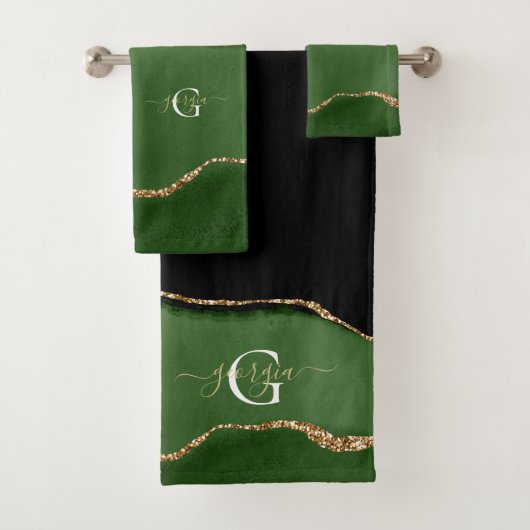 Gouden Glitter en Groene Agaat Monogram Bad Handdoek (Insitu)