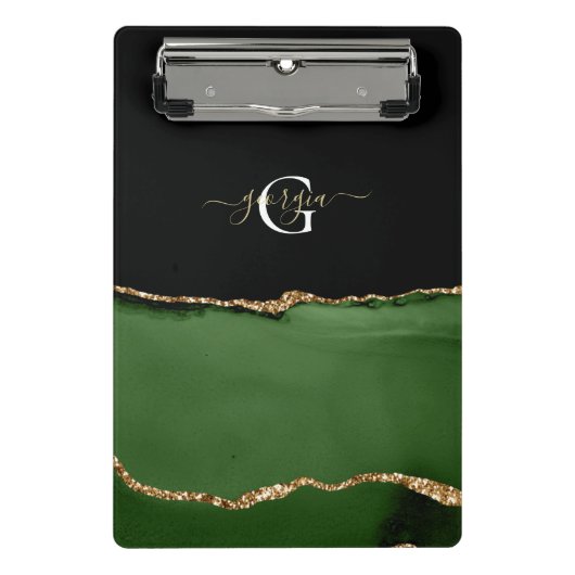 Gouden Glitter en Groene Agaat Monogram Mini Klembord (Voorkant)