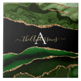 Gouden Glitter en Groene Agaat Monogram Tegeltje
