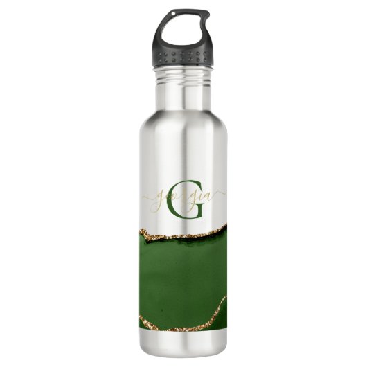 Gouden Glitter en Groene Agaat Monogram Waterfles (Voorkant)