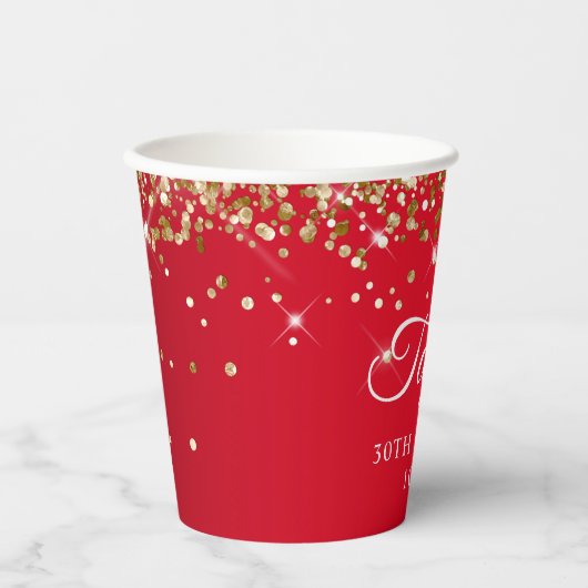 Gouden Glitter en Rood 30ste verjaardag Papieren Bekers (Voorkant)
