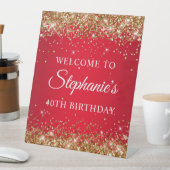 Gouden Glitter en Rood 40ste verjaardag Reclamebord Met Voetstuk (Insitu)