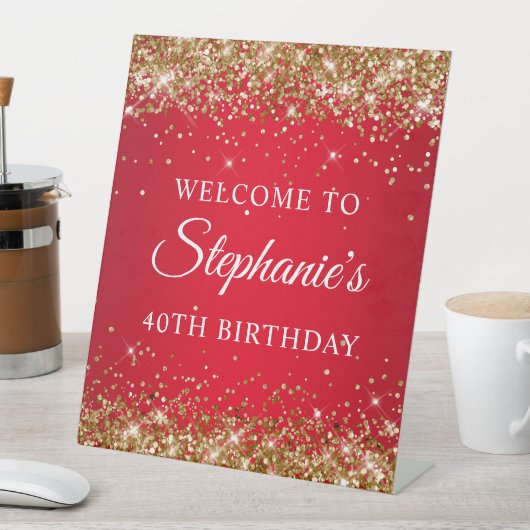 Gouden Glitter en Rood 40ste verjaardag Reclamebord Met Voetstuk (Insitu)