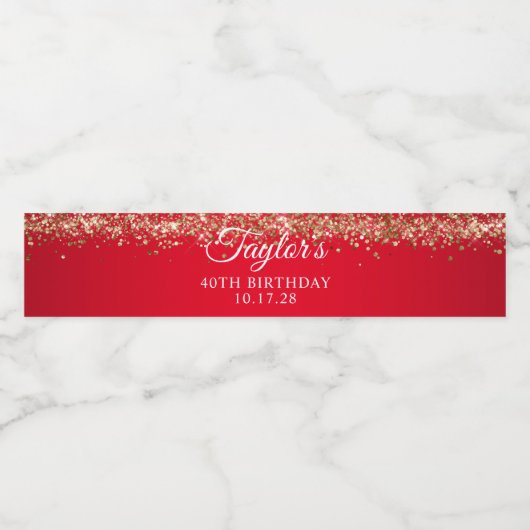 Gouden Glitter en Rood 40ste verjaardag Waterfles Etiket (Enkel label)